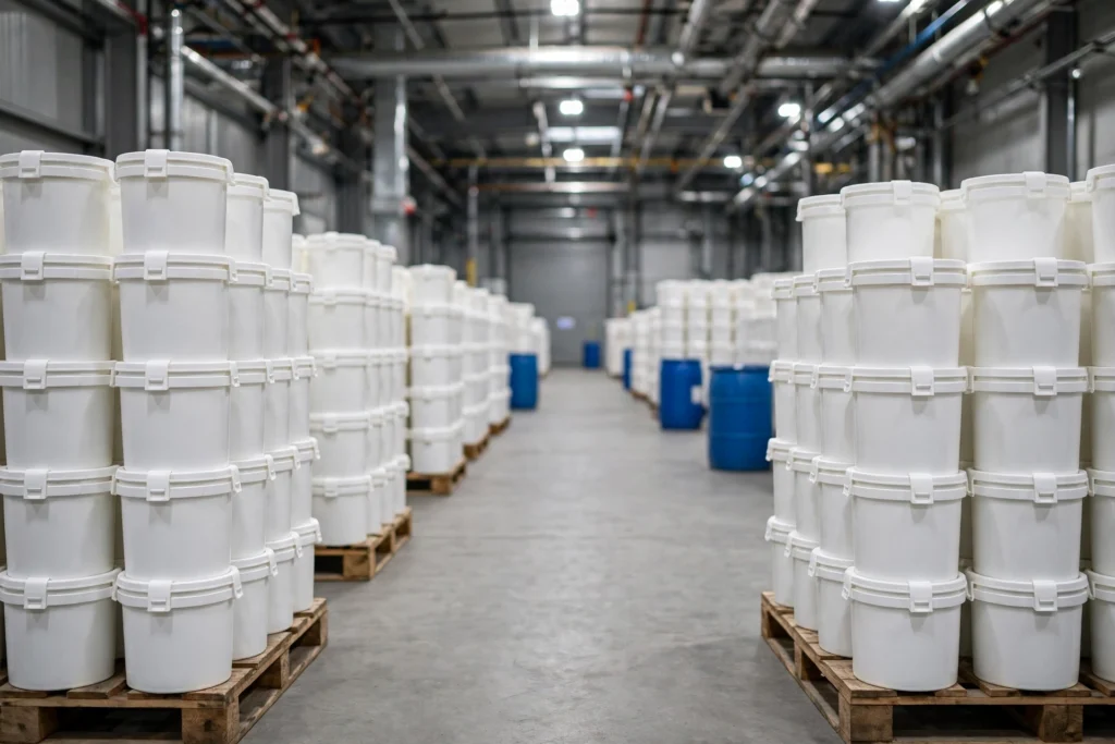 UN rated pails for chemical manufacturers — stacks of white HDPE pails on pallets in a distribution warehouse
