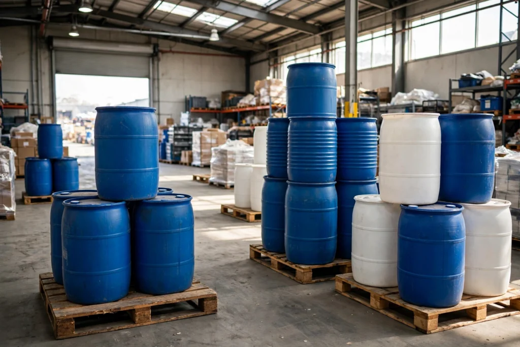 Blue 55-gallon plastic drums stacked on pallets — 55 gallon drum prices