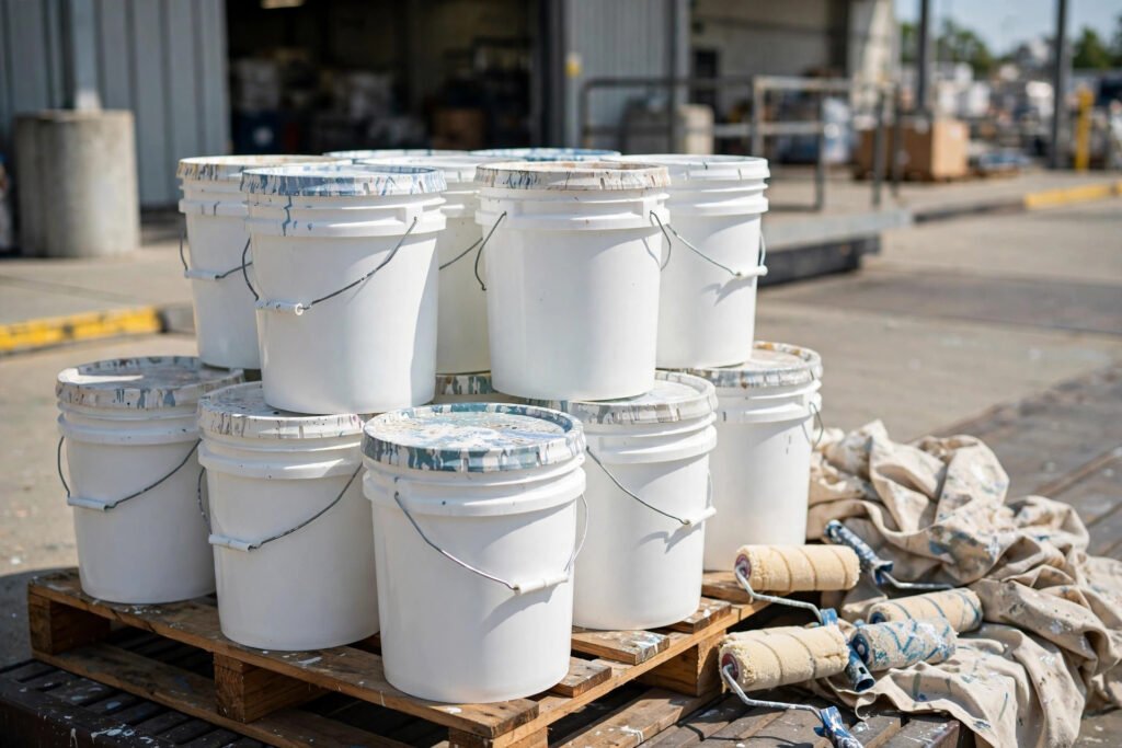 Paint contractor buckets bulk — pallet of stacked white 5-gallon HDPE pails with paint-splattered lids