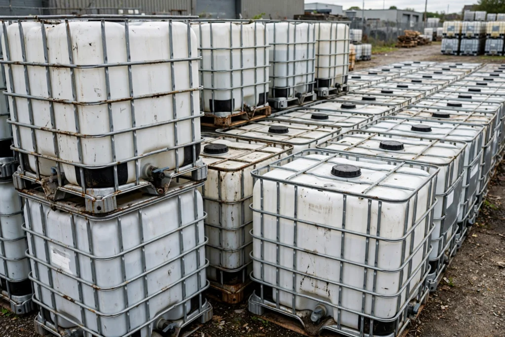 Stacked used IBC totes — used IBC tote prices for 275 and 330 gallon truckloads